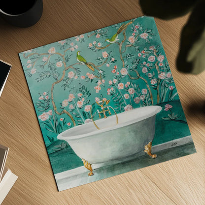 Chinoiserie Bath II Sq by Julia Purinton. Shown as a detailed flat fine art print, highlighting archival giclee quality. Available as an archival giclee rolled canvas, fine art paper, or poster print. SKU 83847a.
