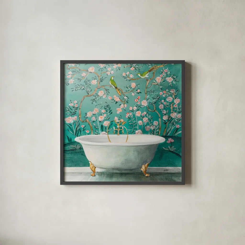 Chinoiserie Bath II Sq by Julia Purinton. Shown in a sleek black glass frame for a contemporary gallery look. Available as an archival giclee rolled canvas, fine art paper, or poster print. SKU 83847a.