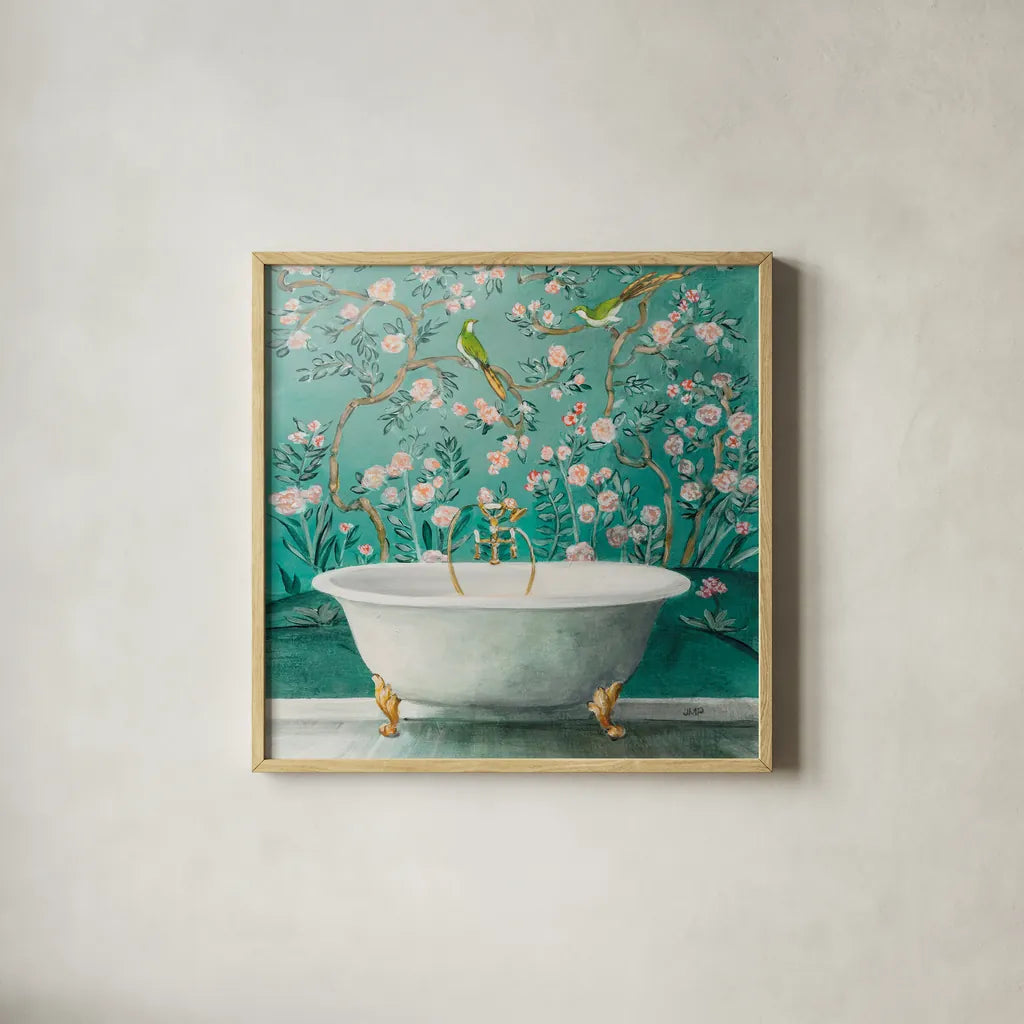 Chinoiserie Bath II Sq by Julia Purinton. Shown in a natural wood glass frame for a timeless modern aesthetic. Available as an archival giclee rolled canvas, fine art paper, or poster print. SKU 83847a.