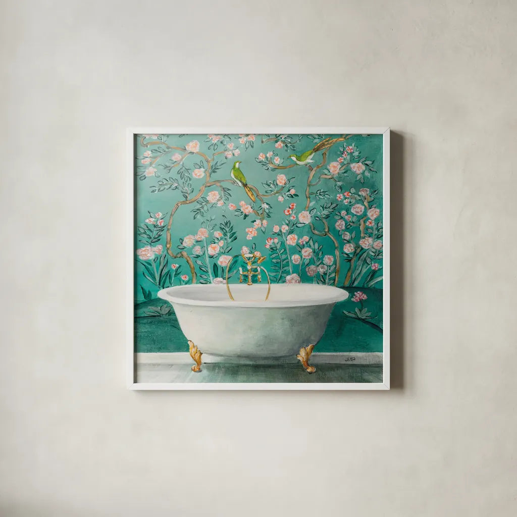 Chinoiserie Bath II Sq by Julia Purinton. Shown in a crisp white glass frame for a clean and minimalist style. Available as an archival giclee rolled canvas, fine art paper, or poster print. SKU 83847a.
