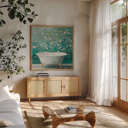 Chinoiserie Bath II Sq by Julia Purinton. Shown in a natural wood frame in a cozy modern living room. Available as an archival giclee rolled canvas, fine art paper, or poster print. SKU 83847a.