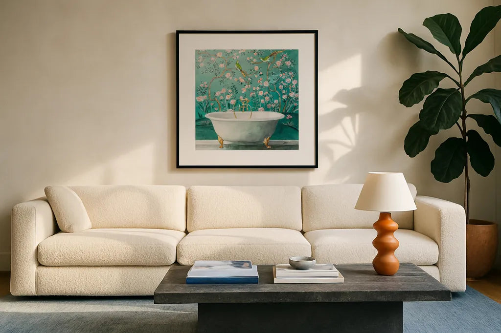 Chinoiserie Bath II Sq by Julia Purinton. Displayed in a glass frame with matte in a clean modern living room. Available as an archival giclee rolled canvas, fine art paper, or poster print. SKU 83847a.