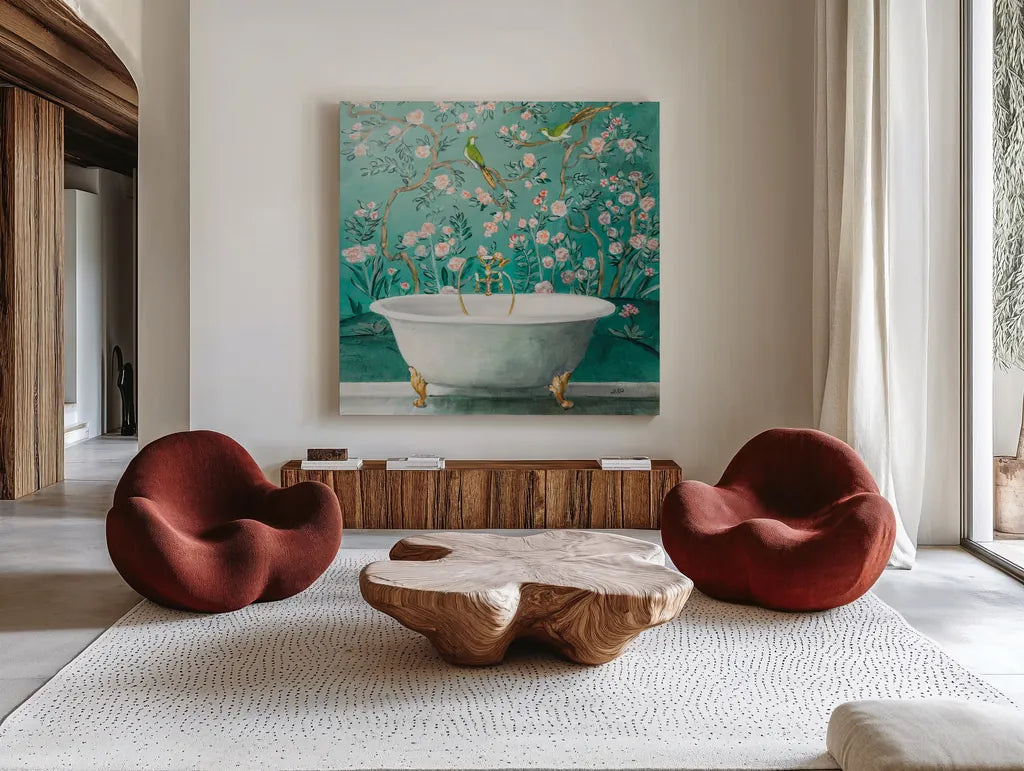 Chinoiserie Bath II Sq by Julia Purinton. Shown as extra-large giant wall art in a modern living room. Available as an archival giclee rolled canvas, fine art paper, or poster print. SKU 83847a.