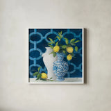 Chinoiserie Delight by Julia Purinton. Shown in a crisp white glass frame for a clean and minimalist style. Available as an archival giclee rolled canvas, fine art paper, or poster print. SKU 87669a.