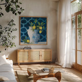 Chinoiserie Delight by Julia Purinton. Shown in a natural wood frame in a cozy modern living room. Available as an archival giclee rolled canvas, fine art paper, or poster print. SKU 87669a.
