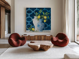 Chinoiserie Delight by Julia Purinton. Shown as extra-large giant wall art in a modern living room. Available as an archival giclee rolled canvas, fine art paper, or poster print. SKU 87669a.