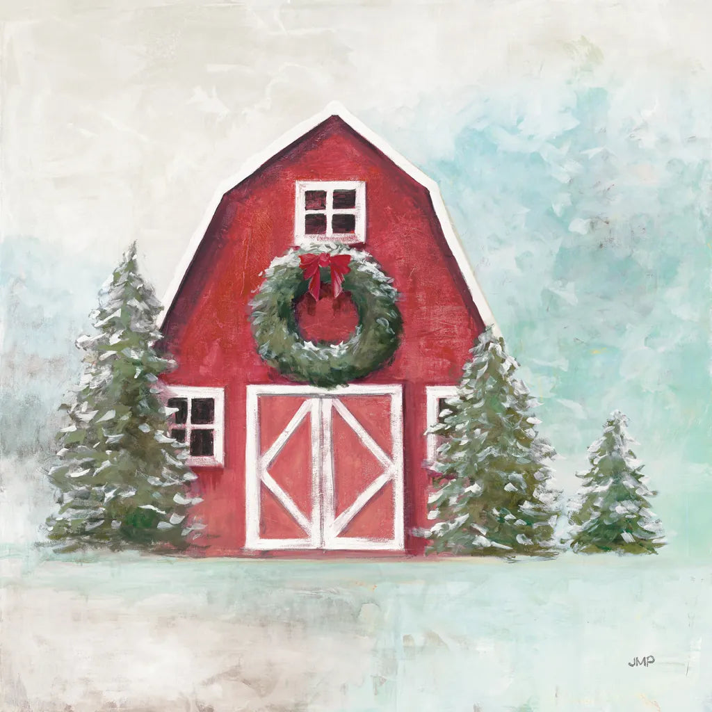 Christmas Barn Blue Sky by Julia Purinton. SKU 75836a. Archival Giclee Fine art print for wall decor.
