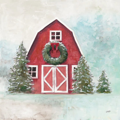 Christmas Barn Blue Sky by Julia Purinton. SKU 75836a. Archival Giclee Fine art print for wall decor.