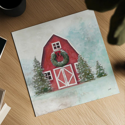 Christmas Barn Blue Sky by Julia Purinton. Shown as a detailed flat fine art print, highlighting archival giclee quality. Available as an archival giclee rolled canvas, fine art paper, or poster print. SKU 75836a.