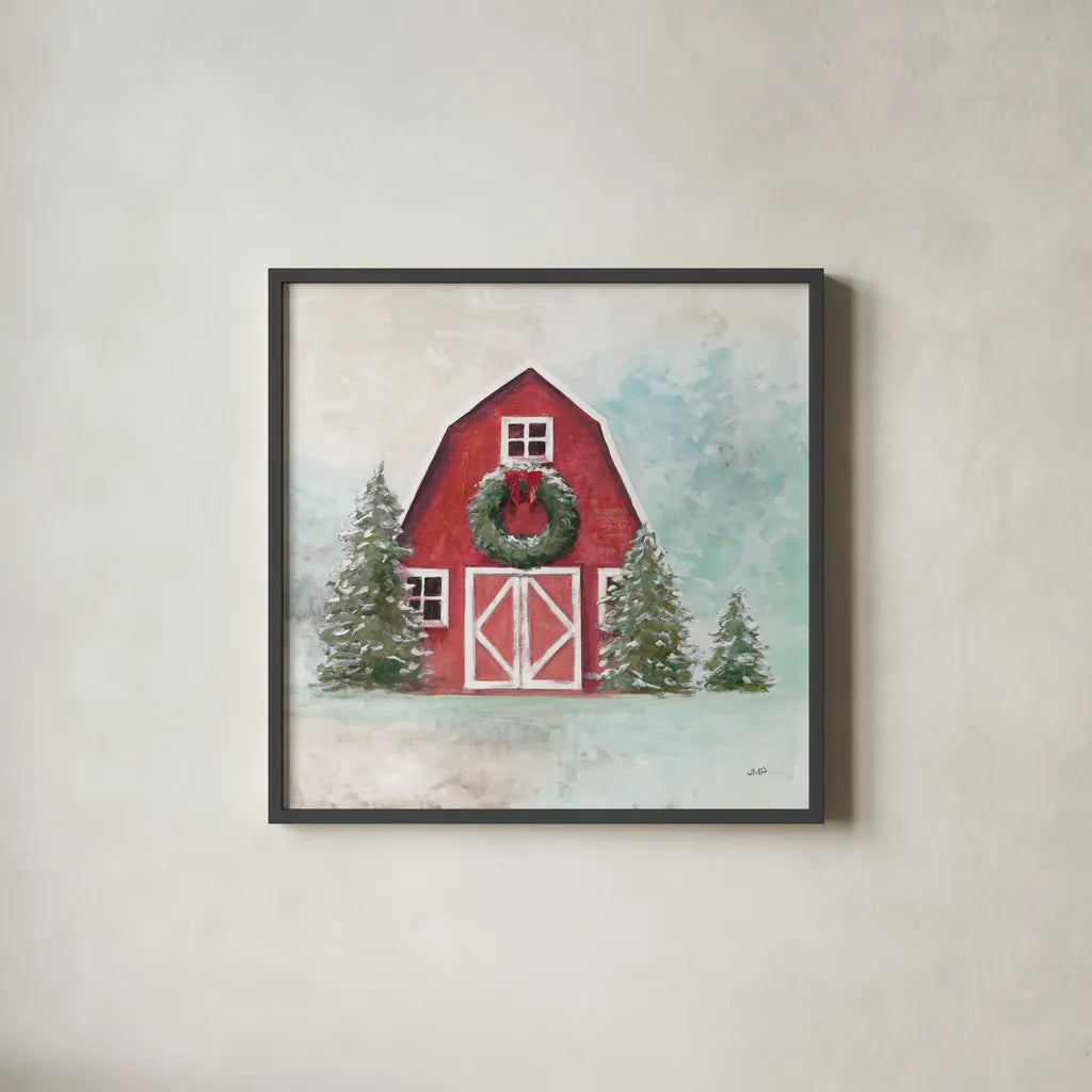 Christmas Barn Blue Sky by Julia Purinton. Shown in a sleek black glass frame for a contemporary gallery look. Available as an archival giclee rolled canvas, fine art paper, or poster print. SKU 75836a.