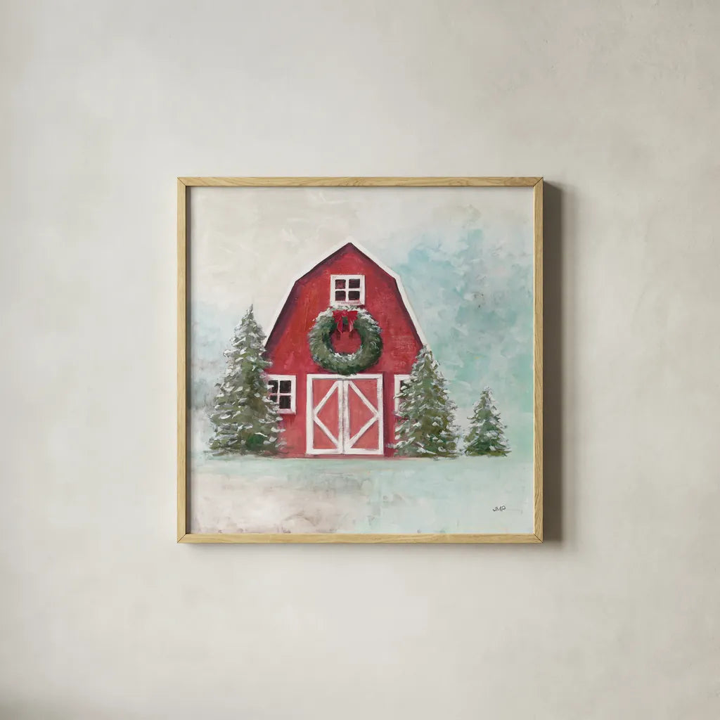 Christmas Barn Blue Sky by Julia Purinton. Shown in a natural wood glass frame for a timeless modern aesthetic. Available as an archival giclee rolled canvas, fine art paper, or poster print. SKU 75836a.