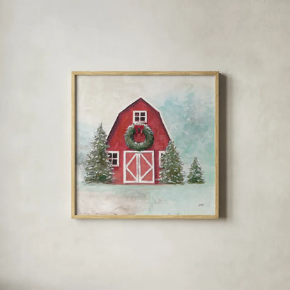 Christmas Barn Blue Sky by Julia Purinton. Shown in a natural wood glass frame for a timeless modern aesthetic. Available as an archival giclee rolled canvas, fine art paper, or poster print. SKU 75836a.