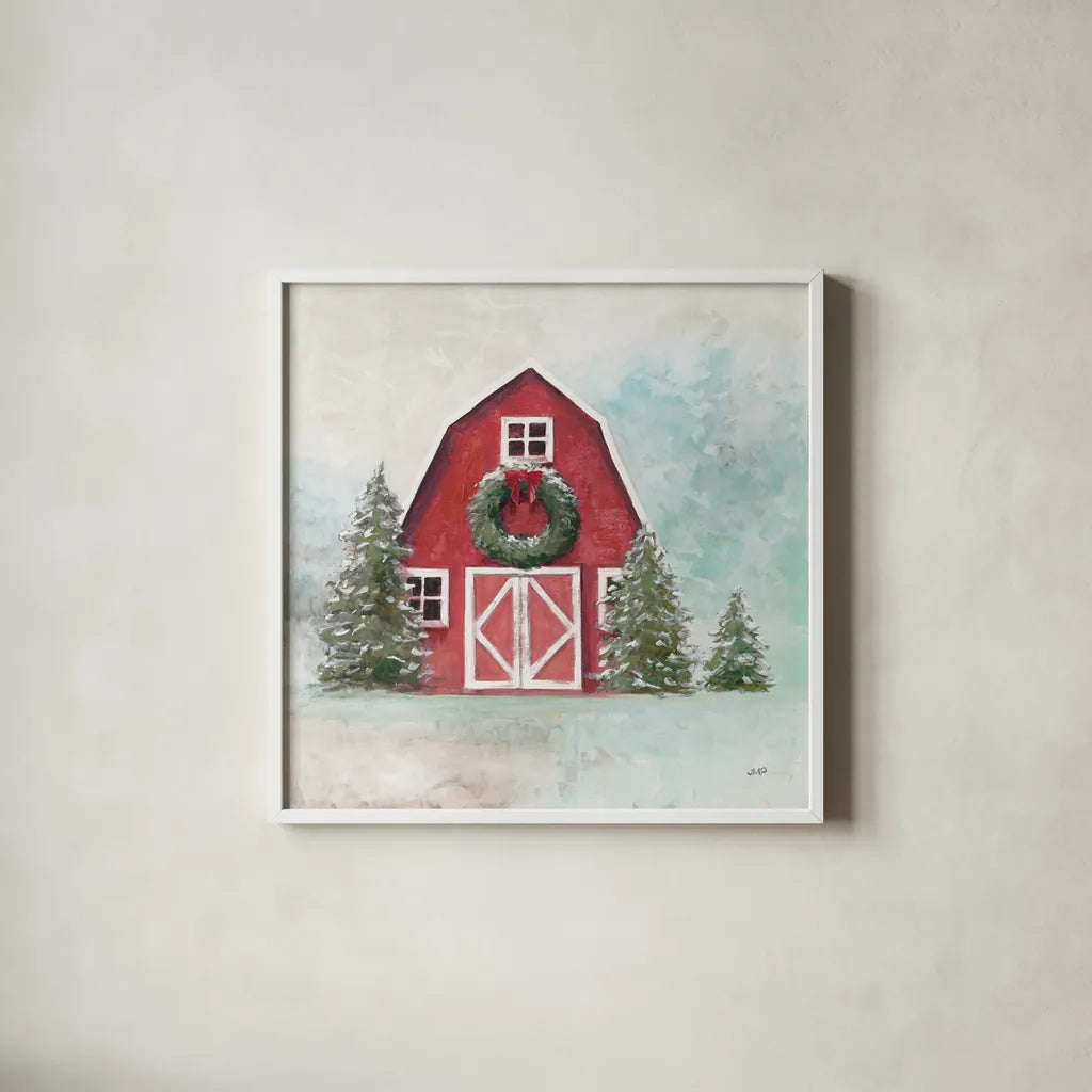 Christmas Barn Blue Sky by Julia Purinton. Shown in a crisp white glass frame for a clean and minimalist style. Available as an archival giclee rolled canvas, fine art paper, or poster print. SKU 75836a.