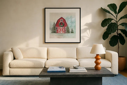 Christmas Barn Blue Sky by Julia Purinton. Displayed in a glass frame with matte in a clean modern living room. Available as an archival giclee rolled canvas, fine art paper, or poster print. SKU 75836a.