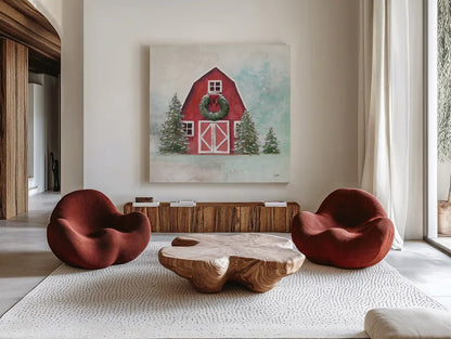Christmas Barn Blue Sky by Julia Purinton. Shown as extra-large giant wall art in a modern living room. Available as an archival giclee rolled canvas, fine art paper, or poster print. SKU 75836a.