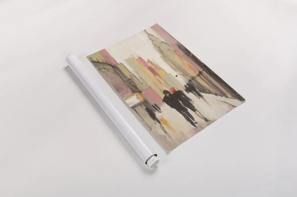 City Stroll by Julia Purinton. shown as a rolled paper print. Available as archival giclee rolled canvas, fine art paper, or poster print. SKU 13650h.