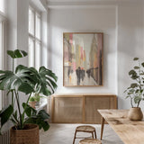 City Stroll by Julia Purinton. shown as a print in a natural wood frame in a dining room. Available as a archival giclee rolled canvas, fine art paper, or poster print. SKU 13650h.