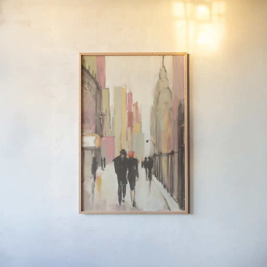 City Stroll by Julia Purinton. shown as a paper print in a natural frame. Available as a archival giclee rolled canvas, fine art paper, or poster print. SKU 13650h.