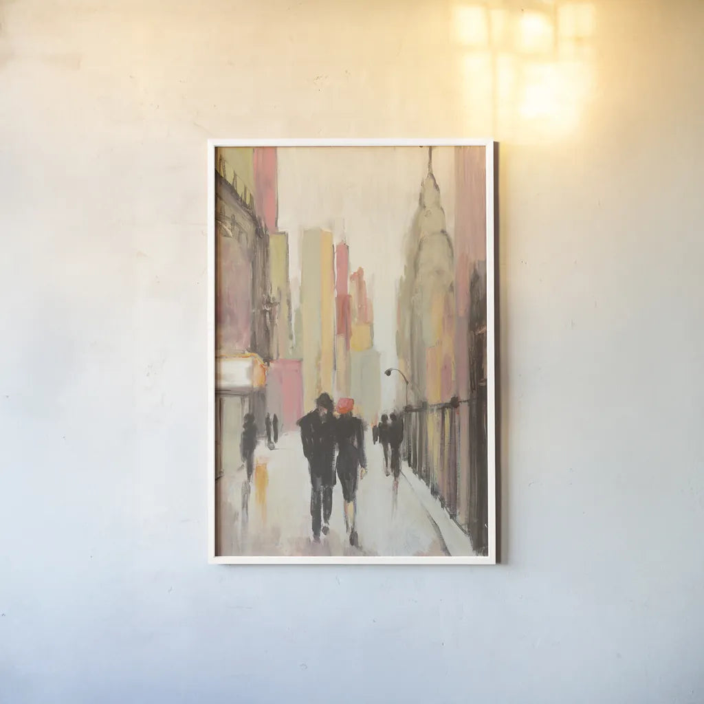 City Stroll by Julia Purinton. shown as a paper print in a white frame. Available as a archival giclee rolled canvas, fine art paper, or poster print. SKU 13650h.