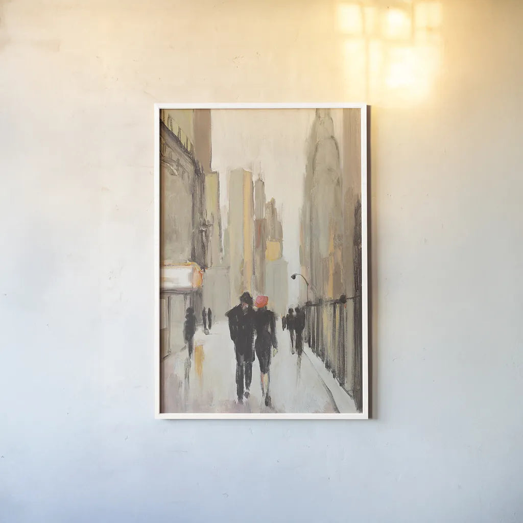 City Stroll Neutral by Julia Purinton. shown as a paper print in a white frame. Available as a archival giclee rolled canvas, fine art paper, or poster print. SKU 37744h.