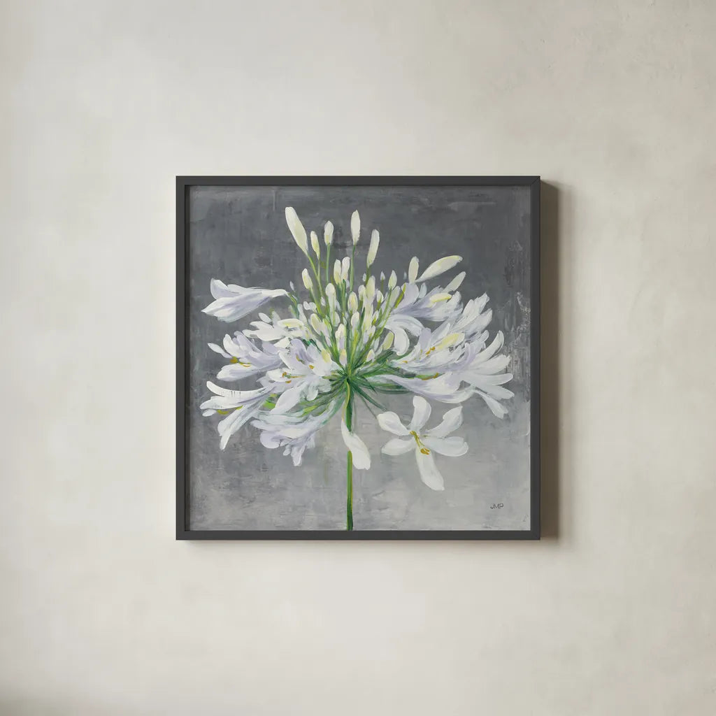 Cleome Splash I by Julia Purinton. Shown in a sleek black glass frame for a contemporary gallery look. Available as an archival giclee rolled canvas, fine art paper, or poster print. SKU 47855a.