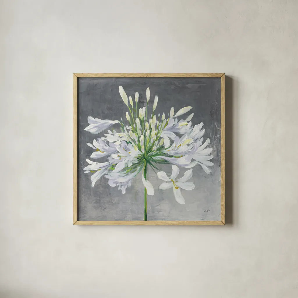 Cleome Splash I by Julia Purinton. Shown in a natural wood glass frame for a timeless modern aesthetic. Available as an archival giclee rolled canvas, fine art paper, or poster print. SKU 47855a.