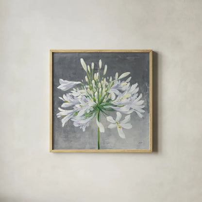 Cleome Splash I by Julia Purinton. Shown in a natural wood glass frame for a timeless modern aesthetic. Available as an archival giclee rolled canvas, fine art paper, or poster print. SKU 47855a.