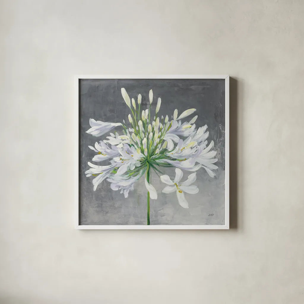 Cleome Splash I by Julia Purinton. Shown in a crisp white glass frame for a clean and minimalist style. Available as an archival giclee rolled canvas, fine art paper, or poster print. SKU 47855a.