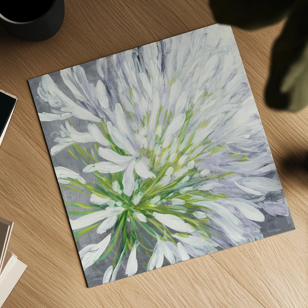 Cleome Splash II by Julia Purinton. Shown as a detailed flat fine art print, highlighting archival giclee quality. Available as an archival giclee rolled canvas, fine art paper, or poster print. SKU 47856a.