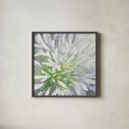 Cleome Splash II by Julia Purinton. Shown in a sleek black glass frame for a contemporary gallery look. Available as an archival giclee rolled canvas, fine art paper, or poster print. SKU 47856a.