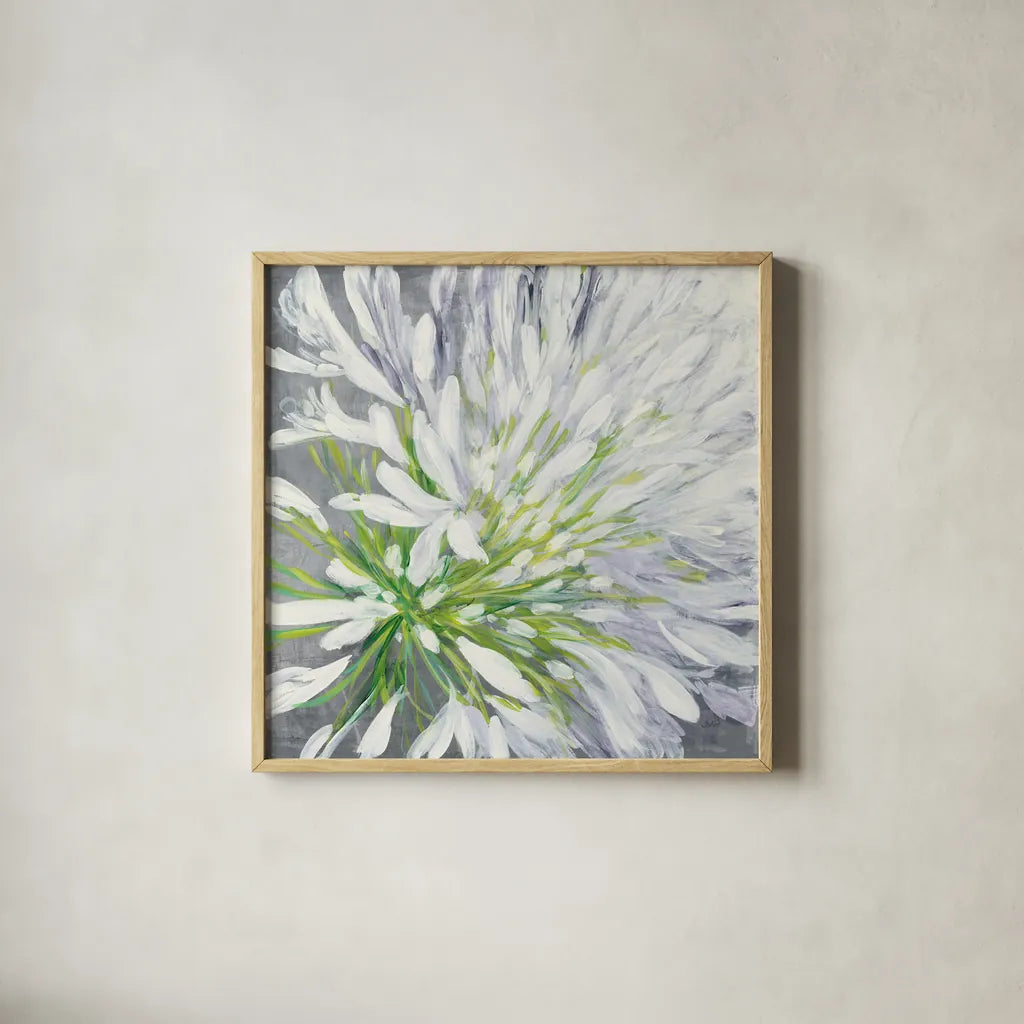 Cleome Splash II by Julia Purinton. Shown in a natural wood glass frame for a timeless modern aesthetic. Available as an archival giclee rolled canvas, fine art paper, or poster print. SKU 47856a.