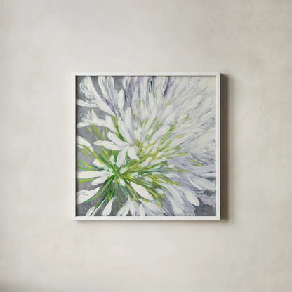 Cleome Splash II by Julia Purinton. Shown in a crisp white glass frame for a clean and minimalist style. Available as an archival giclee rolled canvas, fine art paper, or poster print. SKU 47856a.