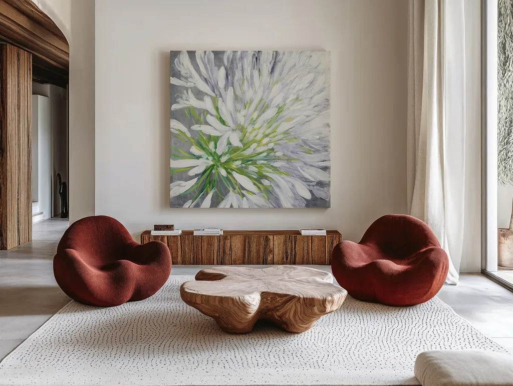 Cleome Splash II by Julia Purinton. Shown as extra-large giant wall art in a modern living room. Available as an archival giclee rolled canvas, fine art paper, or poster print. SKU 47856a.
