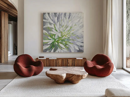 Cleome Splash II by Julia Purinton. Shown as extra-large giant wall art in a modern living room. Available as an archival giclee rolled canvas, fine art paper, or poster print. SKU 47856a.