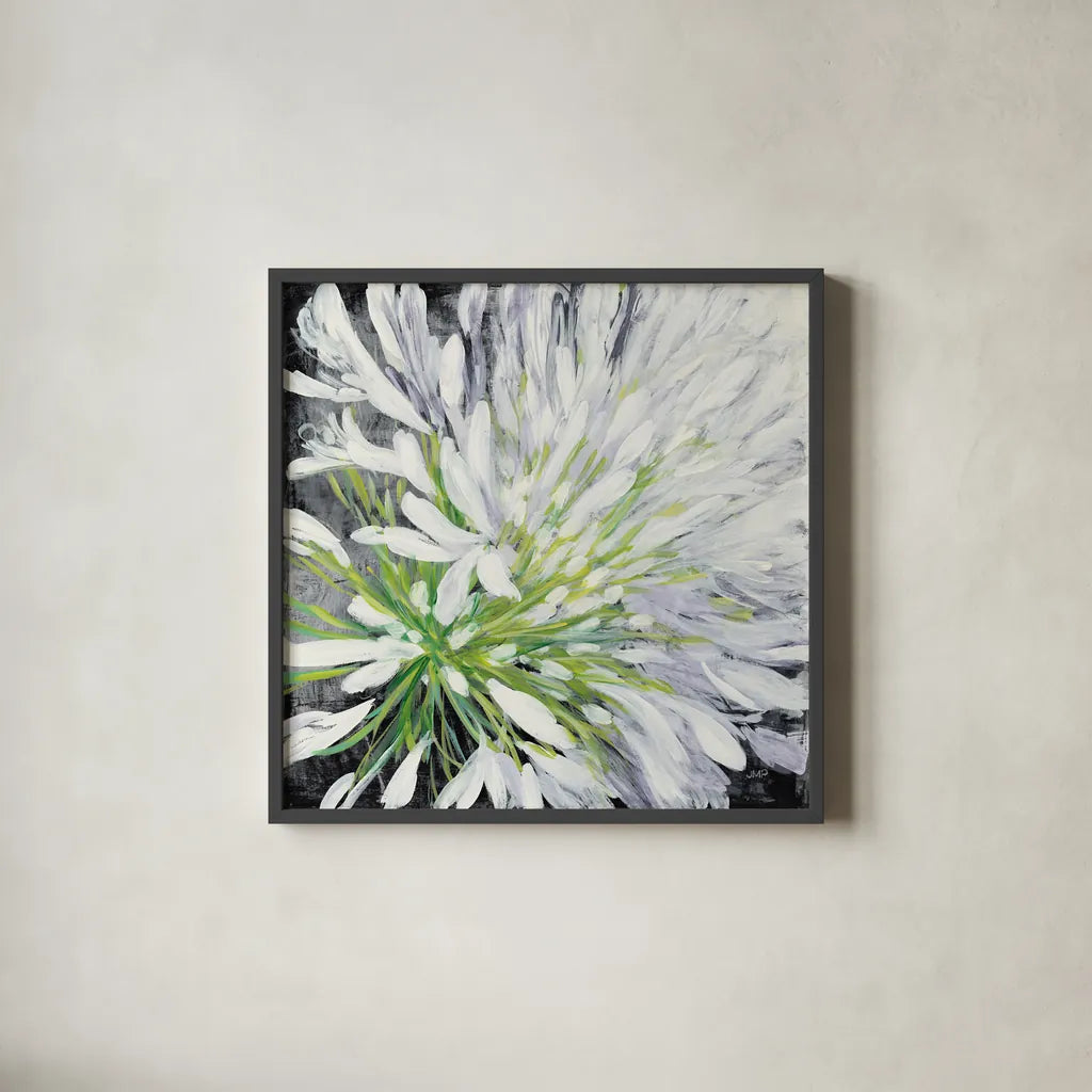 Cleome Splash II Black by Julia Purinton. Shown in a sleek black glass frame for a contemporary gallery look. Available as an archival giclee rolled canvas, fine art paper, or poster print. SKU 56965a.