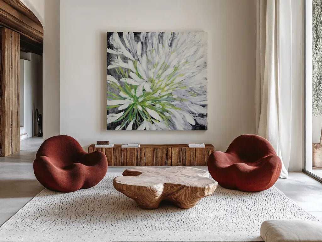 Cleome Splash II Black by Julia Purinton. Shown as extra-large giant wall art in a modern living room. Available as an archival giclee rolled canvas, fine art paper, or poster print. SKU 56965a.
