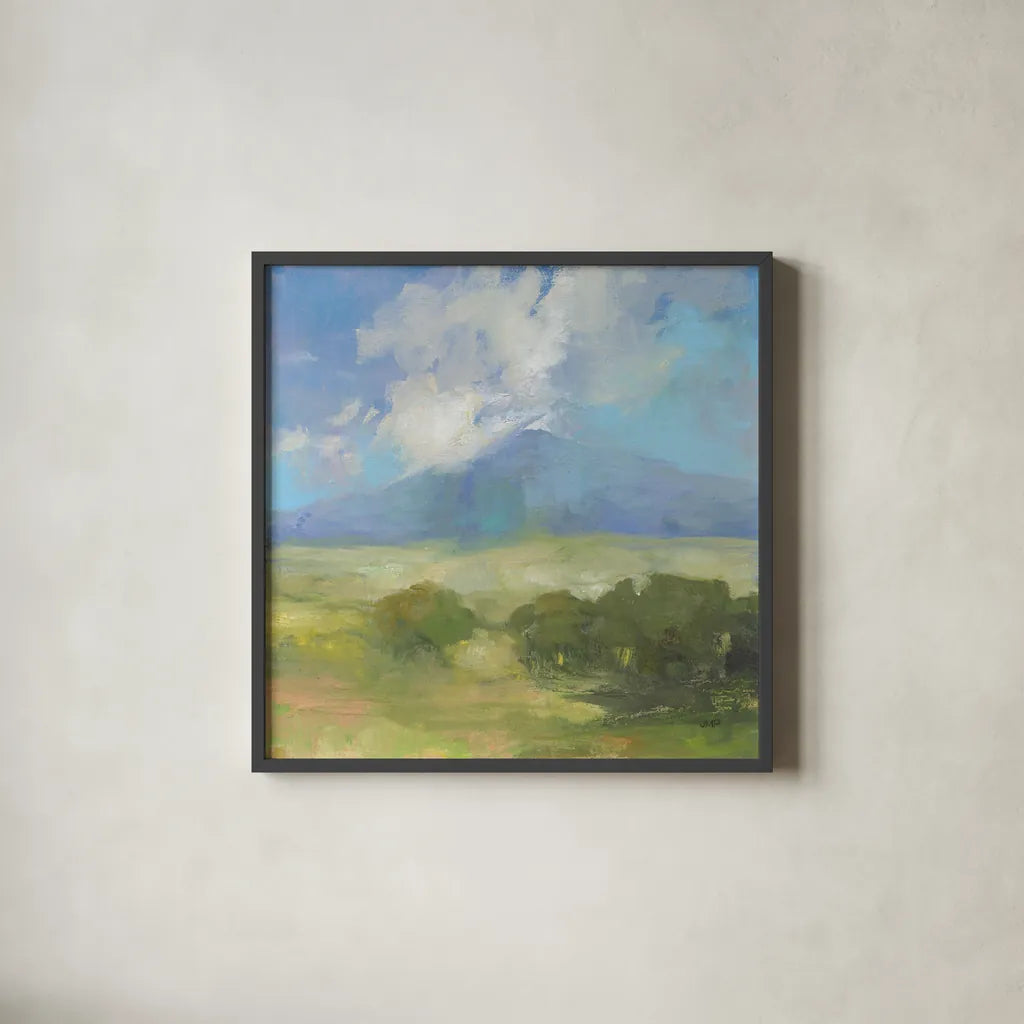 Clouds on the Mountain by Julia Purinton. Shown in a sleek black glass frame for a contemporary gallery look. Available as an archival giclee rolled canvas, fine art paper, or poster print. SKU 77399a.