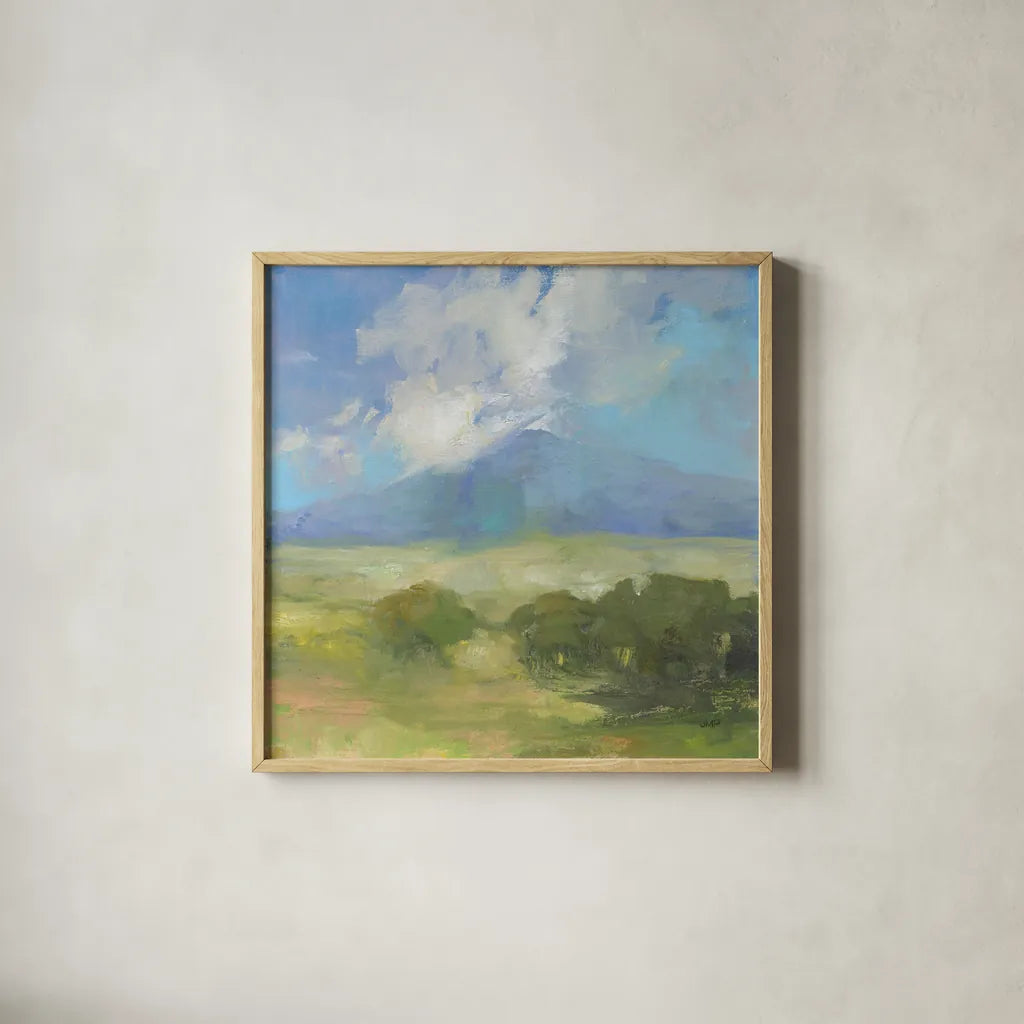 Clouds on the Mountain by Julia Purinton. Shown in a natural wood glass frame for a timeless modern aesthetic. Available as an archival giclee rolled canvas, fine art paper, or poster print. SKU 77399a.