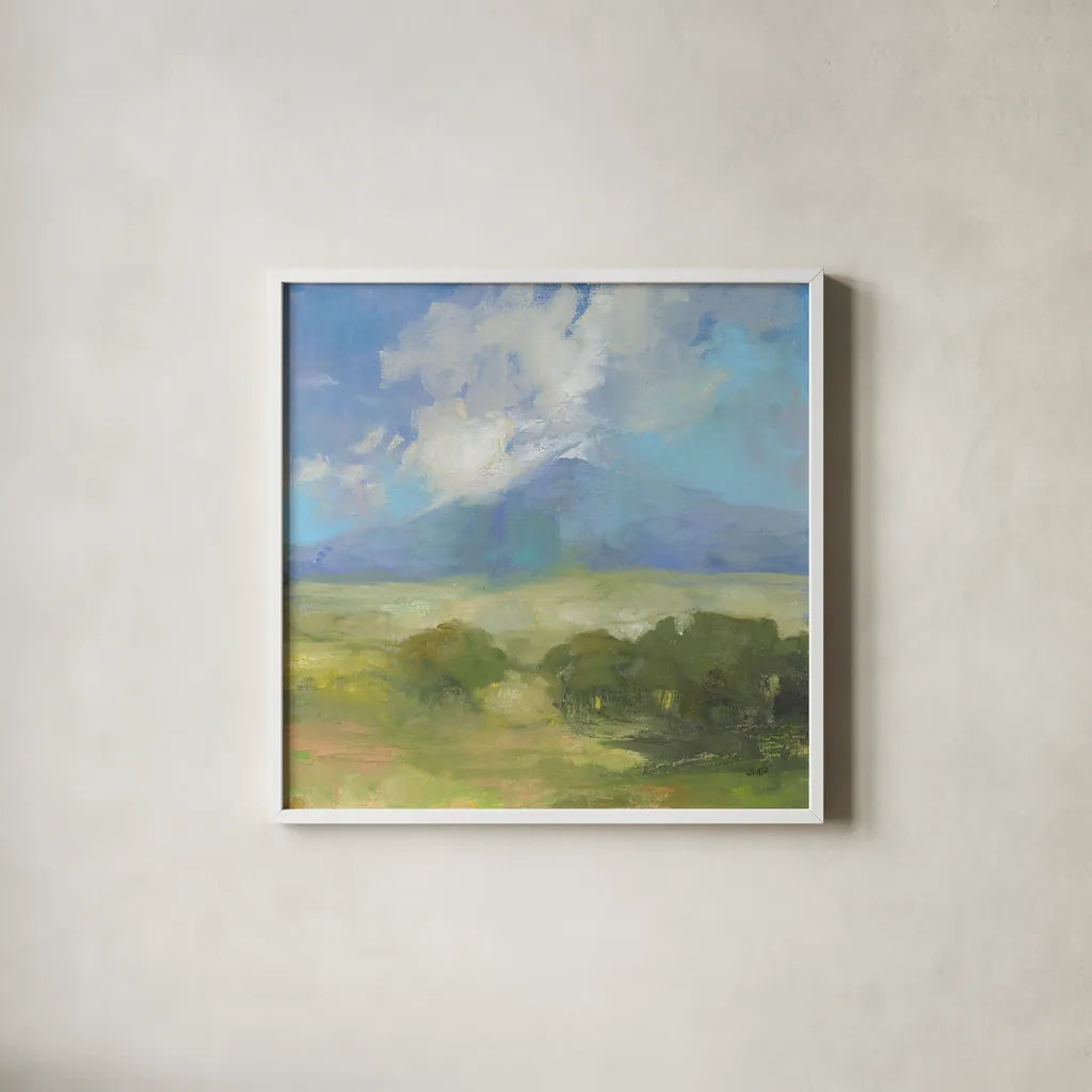 Clouds on the Mountain by Julia Purinton. Shown in a crisp white glass frame for a clean and minimalist style. Available as an archival giclee rolled canvas, fine art paper, or poster print. SKU 77399a.