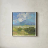 Clouds on the Mountain by Julia Purinton. Shown in a crisp white glass frame for a clean and minimalist style. Available as an archival giclee rolled canvas, fine art paper, or poster print. SKU 77399a.
