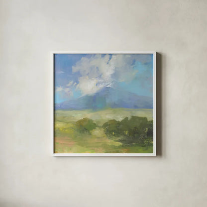 Clouds on the Mountain by Julia Purinton. Shown in a crisp white glass frame for a clean and minimalist style. Available as an archival giclee rolled canvas, fine art paper, or poster print. SKU 77399a.