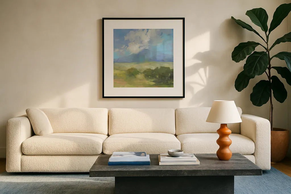 Clouds on the Mountain by Julia Purinton. Displayed in a glass frame with matte in a clean modern living room. Available as an archival giclee rolled canvas, fine art paper, or poster print. SKU 77399a.