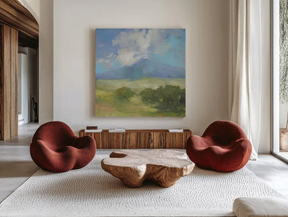 Clouds on the Mountain by Julia Purinton. Shown as extra-large giant wall art in a modern living room. Available as an archival giclee rolled canvas, fine art paper, or poster print. SKU 77399a.