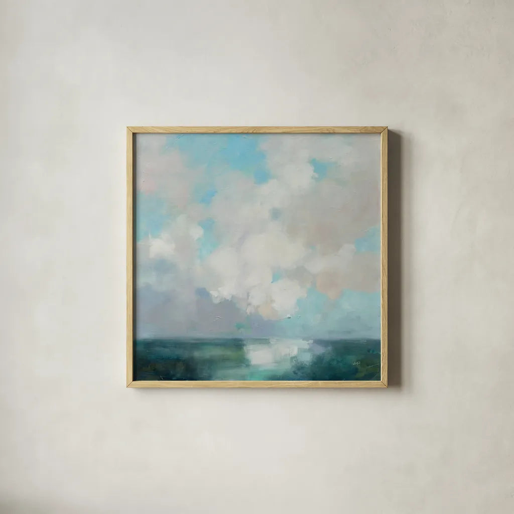 Cloudscape by Julia Purinton. Shown in a natural wood glass frame for a timeless modern aesthetic. Available as an archival giclee rolled canvas, fine art paper, or poster print. SKU 88396a.