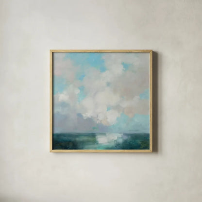Cloudscape by Julia Purinton. Shown in a natural wood glass frame for a timeless modern aesthetic. Available as an archival giclee rolled canvas, fine art paper, or poster print. SKU 88396a.