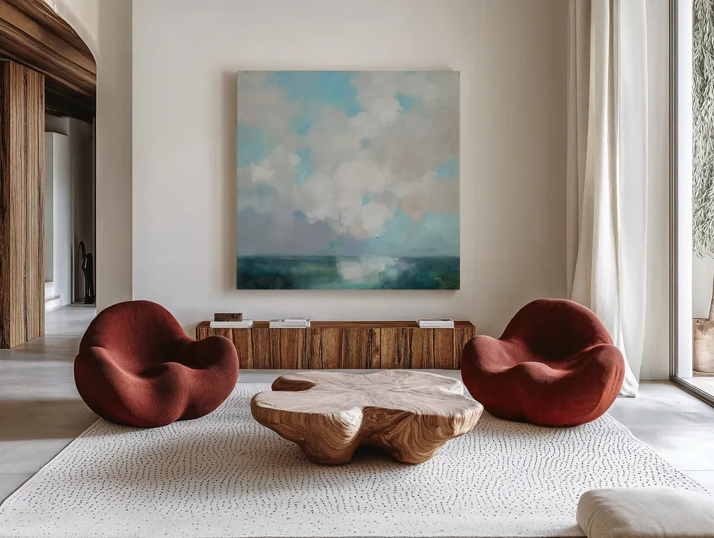 Cloudscape by Julia Purinton. Shown as extra-large giant wall art in a modern living room. Available as an archival giclee rolled canvas, fine art paper, or poster print. SKU 88396a.