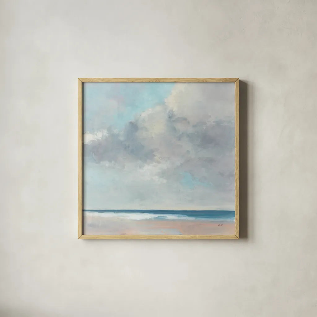 Coastal Grandeur by Julia Purinton. Shown in a natural wood glass frame for a timeless modern aesthetic. Available as an archival giclee rolled canvas, fine art paper, or poster print. SKU 86697a.