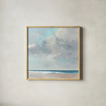 Coastal Grandeur by Julia Purinton. Shown in a natural wood glass frame for a timeless modern aesthetic. Available as an archival giclee rolled canvas, fine art paper, or poster print. SKU 86697a.