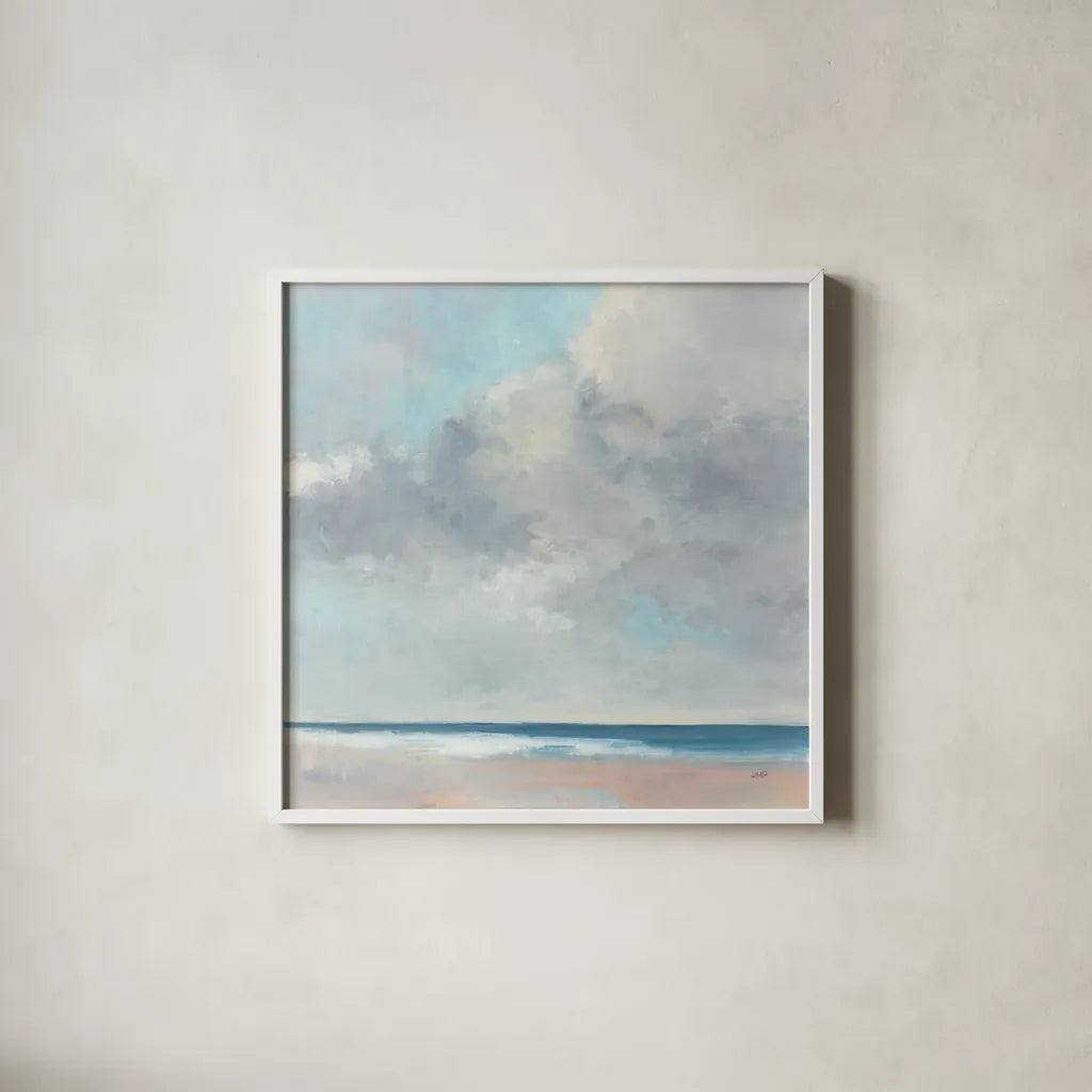 Coastal Grandeur by Julia Purinton. Shown in a crisp white glass frame for a clean and minimalist style. Available as an archival giclee rolled canvas, fine art paper, or poster print. SKU 86697a.