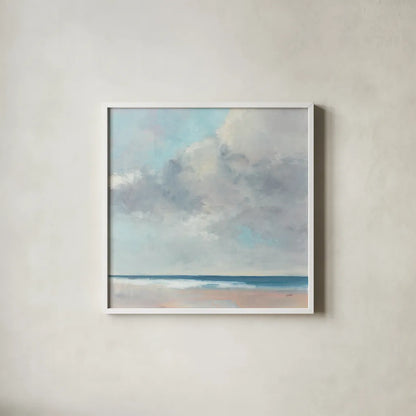 Coastal Grandeur by Julia Purinton. Shown in a crisp white glass frame for a clean and minimalist style. Available as an archival giclee rolled canvas, fine art paper, or poster print. SKU 86697a.